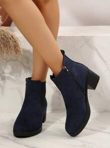 Quần Jeans Thu/Đông, Giày bốt Chelsea cổ ngắn đế dày cho nữ, Thời trang đa năng, thanh lịch, màu trơn, mũi tròn, thoải mái, thường ngày, giày cao gót ngắn bằng vải nhung ấm áp - Màu xanh hải quân - Xem 7