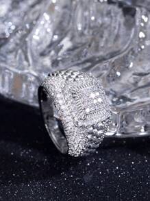 1pc Oxidized Cz Set Bold Wide Band Ring With Delicate Chain Design And Copper Plating, European & American Style Hip Hop Elements Exaggerated Unisex Statement Jewelry - Silver - View 4