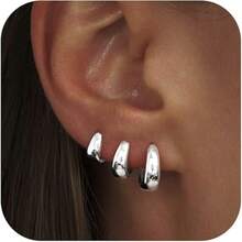 3 对女士金环状耳环套装 厚重金银环状耳环 14K 镀金防过敏小号环状耳环 微型金时尚厚环状耳环 可叠戴多个耳洞 - 彩色 - 查看 2