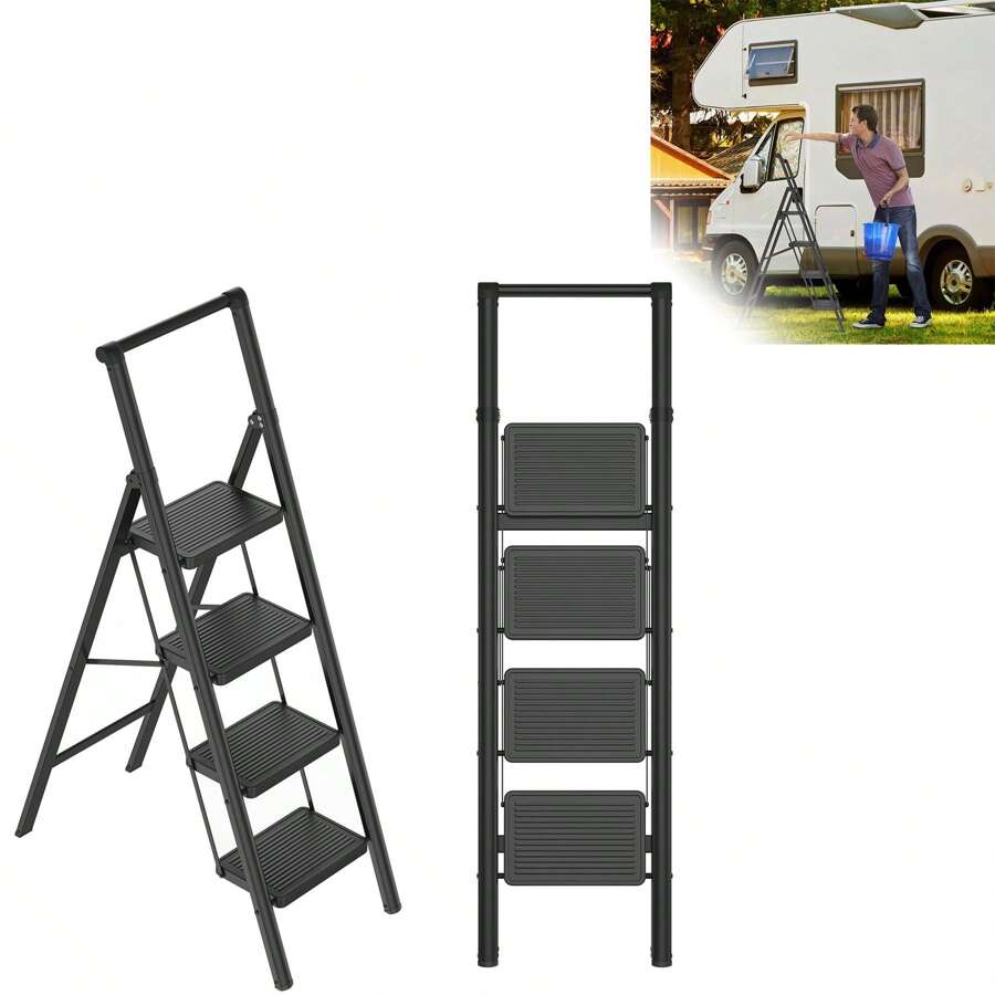 Stepladder Folding Step Stool With Wide Pedal Lightweight Folding Step Non-Slip Stepladder Ladder Folding Lock Up To 270 Kg Load Capacity Folding Ladder For Household Kitchen, Black