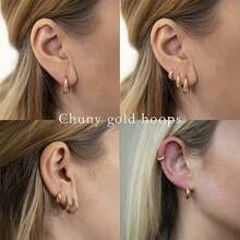 3 对女士金环状耳环套装 厚重金银环状耳环 14K 镀金防过敏小号环状耳环 微型金时尚厚环状耳环 可叠戴多个耳洞 - 彩色 - 查看 10