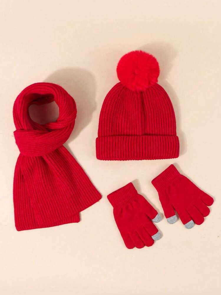 3pcs/Set Kids Red Solid Color Beanie + Scarf + Gloves (3-Piece Set) Y2K Style, Windproof & Warm, Fashionable & Versatile, Suitable For Autumn/Winter Outdoor Wear - Red - View 3