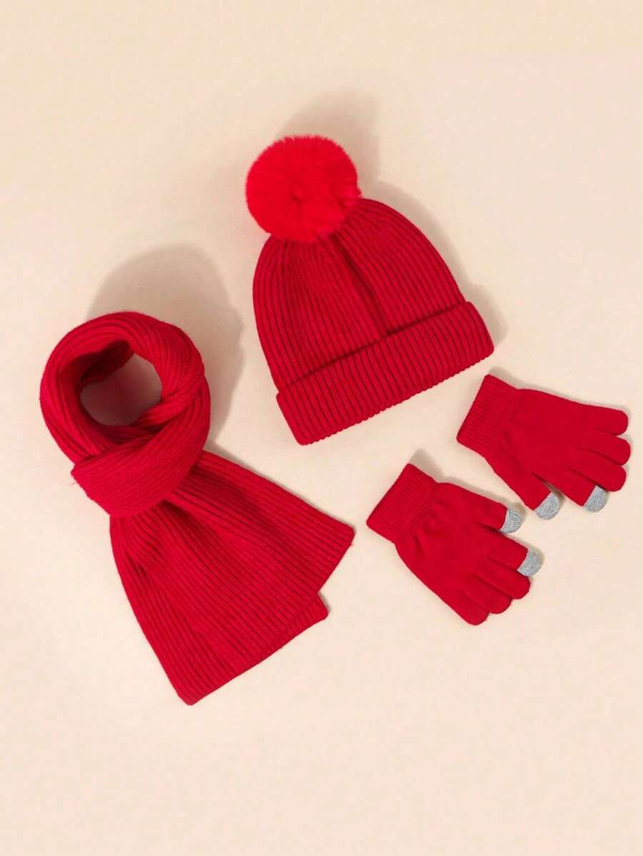 3pcs/Set Kids Red Solid Color Beanie + Scarf + Gloves (3Piece Set) Y2K
