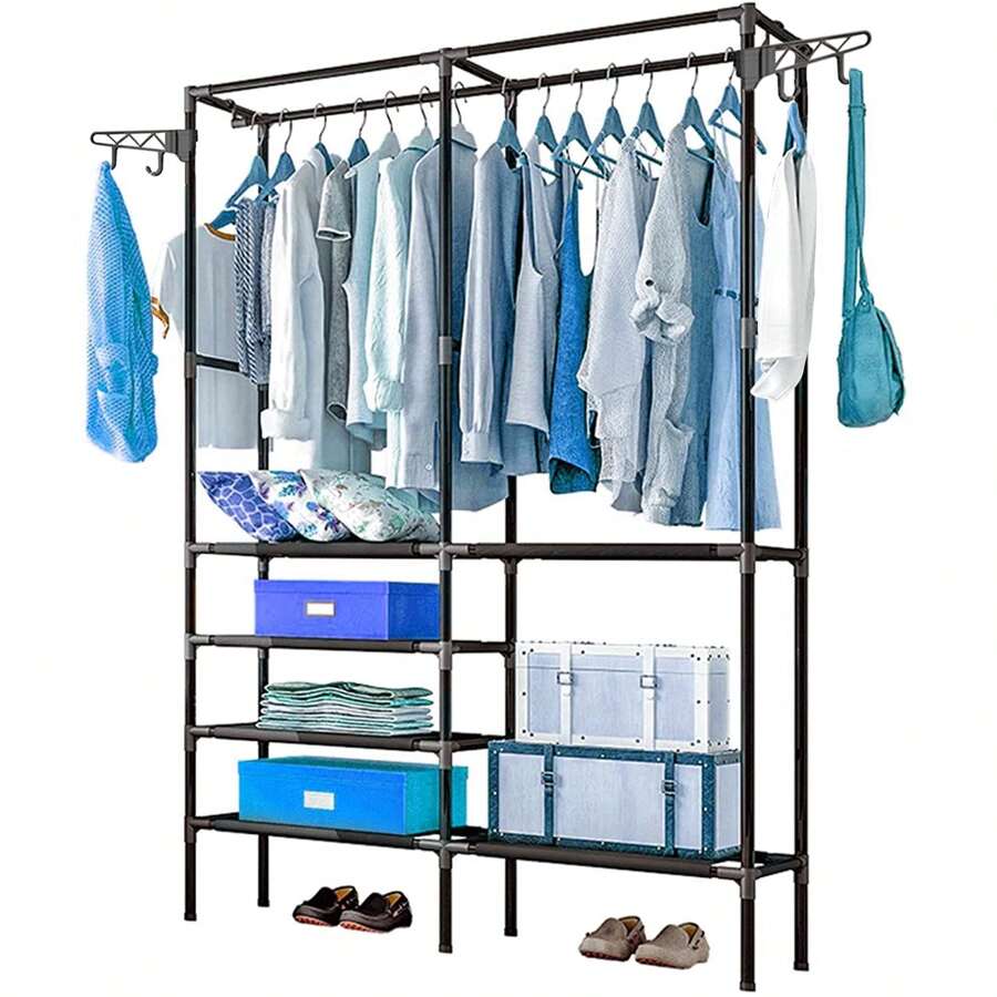 Clothes Rack With Storage Shelf, 3 In 1 Clothes Hanging Rack, Shoe Rack With Non-Woven Shelves For Shoes, Coat Rack For Bedroom, Hallway, Entryway, - Black - View 1