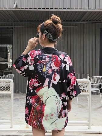 Artistic Personalized Shawl Thin Jacket, Improved Sleeve Japanese Kimono-Style Drape Cover Up, Loose Japanese Short Sleeve Yukata Cover Up, Thin Outerwear For Summer Beach Travel Casual Sunscreen