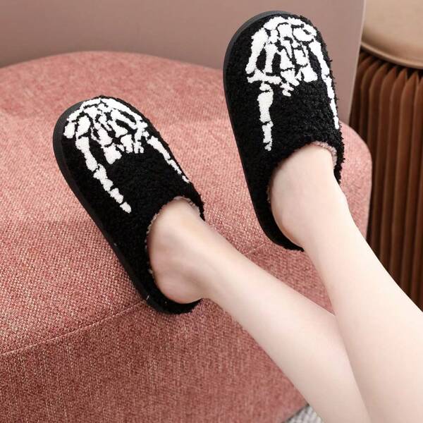 Popular Autumn/Winter Slippers, Halloween Skull Embroidery Printed Slip-On House Slippers, Unisex Couple Slippers, Plus Size Slippers