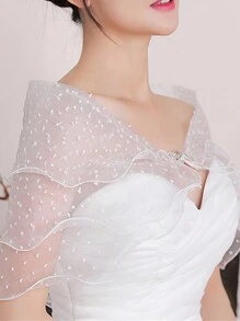 1 Stück süßer, mehrlagiger Rüschen Hochzeits-Schal, Schulterwrap mit Schleifenscnalle, Tüll Braut-Schal, Hochzeits-Braut-Schal, mehrlagiger dünner Garn-Schal-Wrap - eleganter Spitzen-gepunkteter Bogen dünner Tüll Einschulter-Wrap für Braut-Hochzeitsabendkleid Cheongsam - weich, leicht und stilvoller Accessoire für Damen Herbstkleidung - Verschiedenfarbig - Übersicht 3