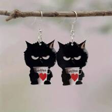 Cartoon Black Cat Coffee Cup Acrylic Earrings - Lightweight, No Electroplating, Fashionable Accessory For Everyday And Party Occasions - Ideal Gift For Family And Friends