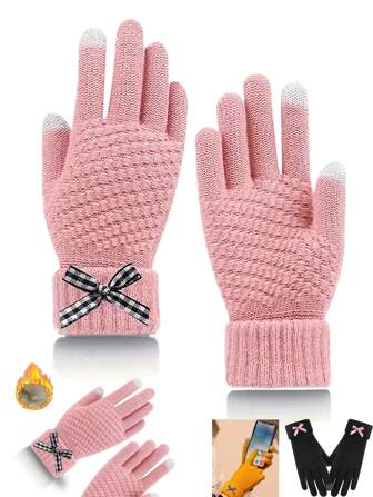 1 Pair Knitted Thermal Touchscreen-Compatible Mitts For Fall/Winter, Thickened Warm Pull-On Sports Mittens For Cycling And Hiking
