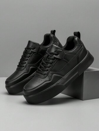 (Runs Small 1 Size) Men's Black Splicing Fashion Lace-Up Casual Sports Sneakers, Lightweight Outdoor Versatile Comfortable Platform Walking Shoes