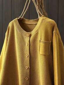 Áo len cardigan dáng rộng, tay dài cài nút một hàng, màu trơn, phong cách cổ điển, thời trang thường ngày cỡ lớn, dáng rộng, vai trễ dành cho nữ - Màu vàng - Xem 6