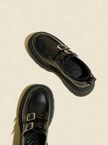 Women's Black Thick Heel High Heels With Platform, Patent Leather Office Loafers Shoes With Buckle