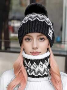秋冬帽子和围巾套装，可爱骑行保暖内衬针织保暖帽，百搭字母和条纹休闲优雅波西米亚风街头风格，由涤纶制成 - 帽子 - 查看 7