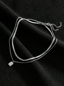 Nooxian 2 件套不锈钢刀片吊坠项链，配方晶锆石，分层时尚简约方形设计颈链 - 銀色 - 查看 5