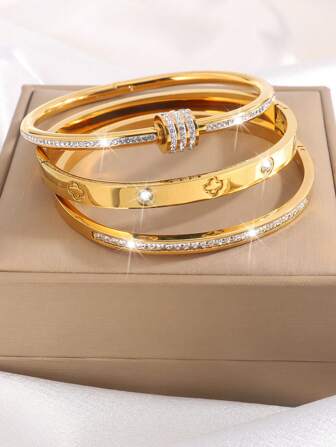 3-Piece Stainless Steel Gold Plated Luxury Four-Leaf Clover Crystal Bracelet Set For Women's Daily Wear As A Gift For Friends Or Besties Valentines,Mom,Mother,Mother's Day,Gift