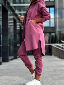 Set da 2 pezzi giacca con cappuccio con chiusura lampo e pantaloni, casual, per taglie forti, per l'autunno - rosa brillante - Visualizzare 3