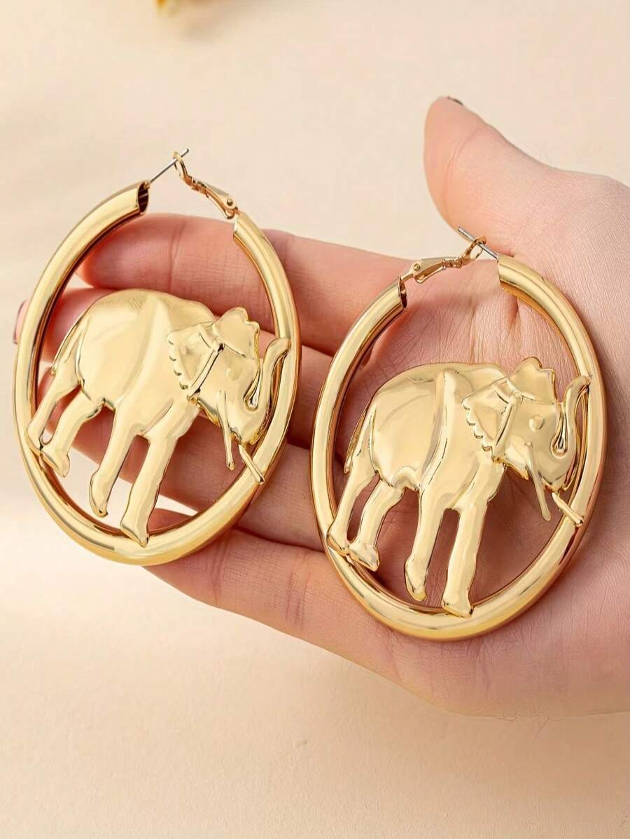 1 Pair New Cute Elephant Design Personalized Metal Hollow Elephant Earrings For Women