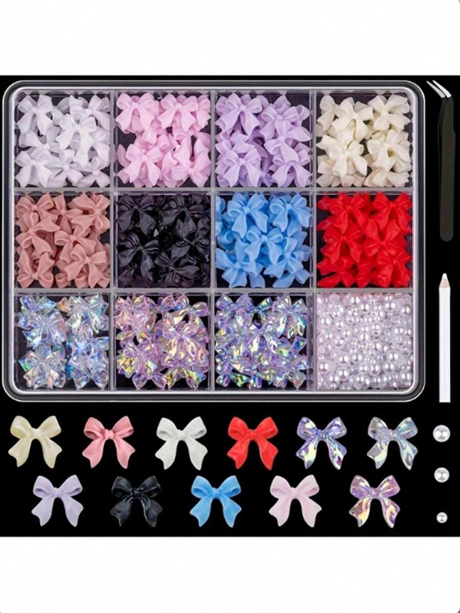 500 件 3D 指甲饰品多样套装 - 和平、珍珠、蝴蝶结、星星、心形指甲宝石、2-6 毫米白色珍珠，附镊子，适用于美甲 DIY - 彩色 - 查看 1