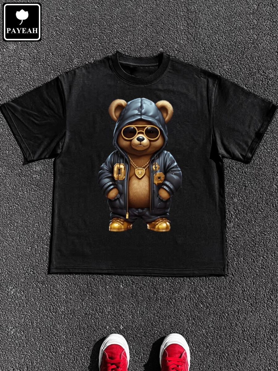 PAYEAH Men's Hip Hop Bear Colorful Art Funny Teddy Bear T-Shirt (Single Piece)100% Cotton 220g Heavy Cotton T Shirt - 黑色 - 查看 1