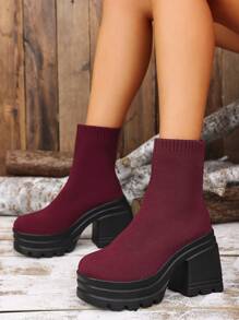 Women's Fashion Ankle Boots, Wine Red High Heel Elastic Boots, New Thick Bottom High-Top Slim Leg Boots For Autumn/Winter