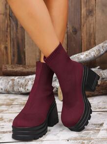 Women's Fashion Ankle Boots, Wine Red High Heel Elastic Boots, New Thick Bottom High-Top Slim Leg Boots For Autumn/Winter