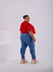 Women's Skinny Plus Size High Waist Jeans With Lycra - 藍色 - 查看 2