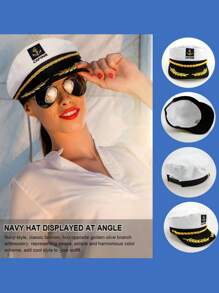 1 件装平顶帽白色刺绣角色扮演海军帽欧美平顶水手帽派对船长帽 - 彩色 - 查看 2