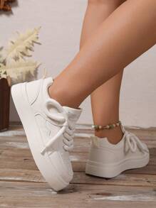 宽版女式春秋时尚纯色百搭拼色厚底系带帆布运动鞋，轻便运动休闲鞋 - 米色 - 查看 5