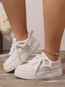 宽版女式春秋时尚纯色百搭拼色厚底系带帆布运动鞋，轻便运动休闲鞋 - 米色 - 查看 3