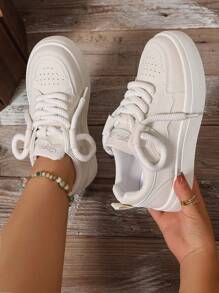 宽版女式春秋时尚纯色百搭拼色厚底系带帆布运动鞋，轻便运动休闲鞋 - 米色 - 查看 1