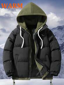 1pc Boyfriend Style Men's Padded Jacket, Hooded Thick Casual Outerwear Windbreaker, Winter Streetwear Stylish Drawstring 2 In 1 Coat
