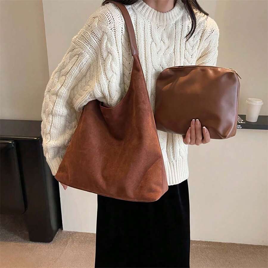 NYXIA Bộ 2 Túi Đeo Vai Da Lộn Phong Cách Cổ Điển, Bộ Túi Tote Trơn Màu Trơn Đơn Giản, Túi Xách Đi Làm Thời Trang Dung Tích Lớn Cho Nữ