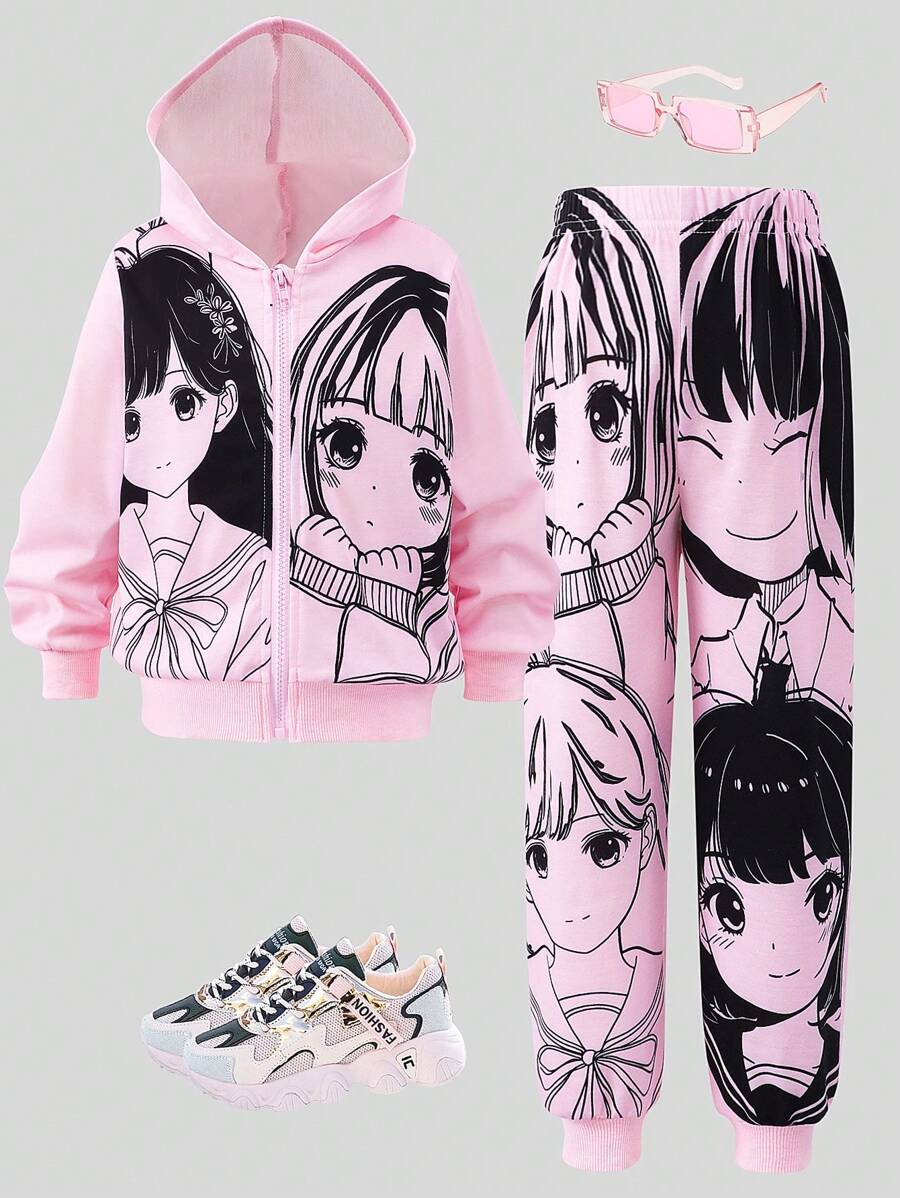 Bộ quần áo hoodie và quần dài in họa tiết hoạt hình cho bé gái, trang phục thường ngày - Hồng - Xem 1