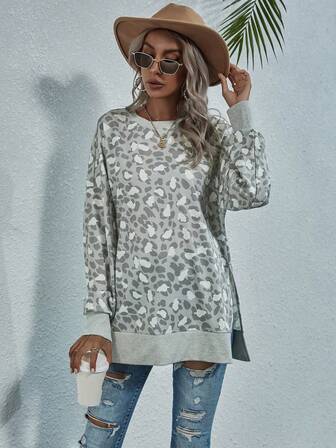 KeKe Wan1i Vår & Höst Ny Urban Mode Förtjockad Mångsidig Snöleopardmönstrad Damtröja, Grå & Vit Färg, Slits Framtill, Extra Sval Ribbad Fåll, Lång, Lös Passform Damtröja