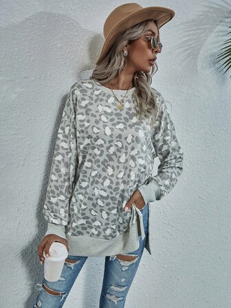 KeKe Wan1i Vår & Höst Ny Urban Mode Förtjockad Mångsidig Snöleopardmönstrad Damtröja, Grå & Vit Färg, Slits Framtill, Extra Sval Ribbad Fåll, Lång, Lös Passform Damtröja