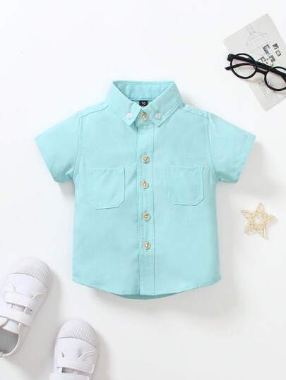 1 件男童休闲纯色翻领双口袋衬衫，适合休闲派对、生日派对、演讲、表演、海滩度假、春夏