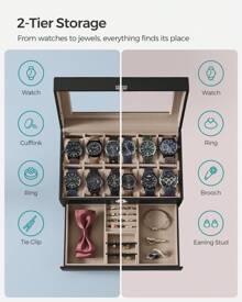 SONGMICS Watch Box, Watch Case With Glass Lid, 2-Tier Watch Display Case For 12 Watches, Lockable, 1 Drawer, For Rings, Bracelets, Gift Idea, Black Synthetic Leather, Greenish Beige Lining - 黑色 - 查看 2