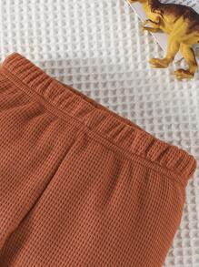 2 Stücke/Set Baby Jungen Mode Lässig Set aus Dinosaurier besticktem Waffel Rundhals Langarm Top und einfarbiger Hose, Frühjahr Herbst - Braun - Übersicht 6