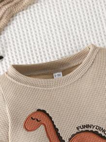 2 Stücke/Set Baby Jungen Mode Lässig Set aus Dinosaurier besticktem Waffel Rundhals Langarm Top und einfarbiger Hose, Frühjahr Herbst - Braun - Übersicht 2