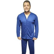 Men's Winter Pajamas Long Sleeve With Buttons And Trousers - Baby Blue - View 2