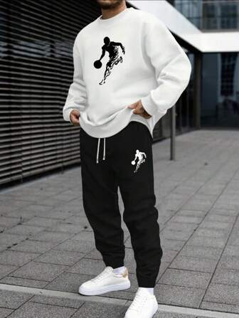 2 件秋季男士运动衫和运动裤套装，白色长袖圆领休闲上衣，针织松紧腰带黑色慢跑裤，篮球图案印花