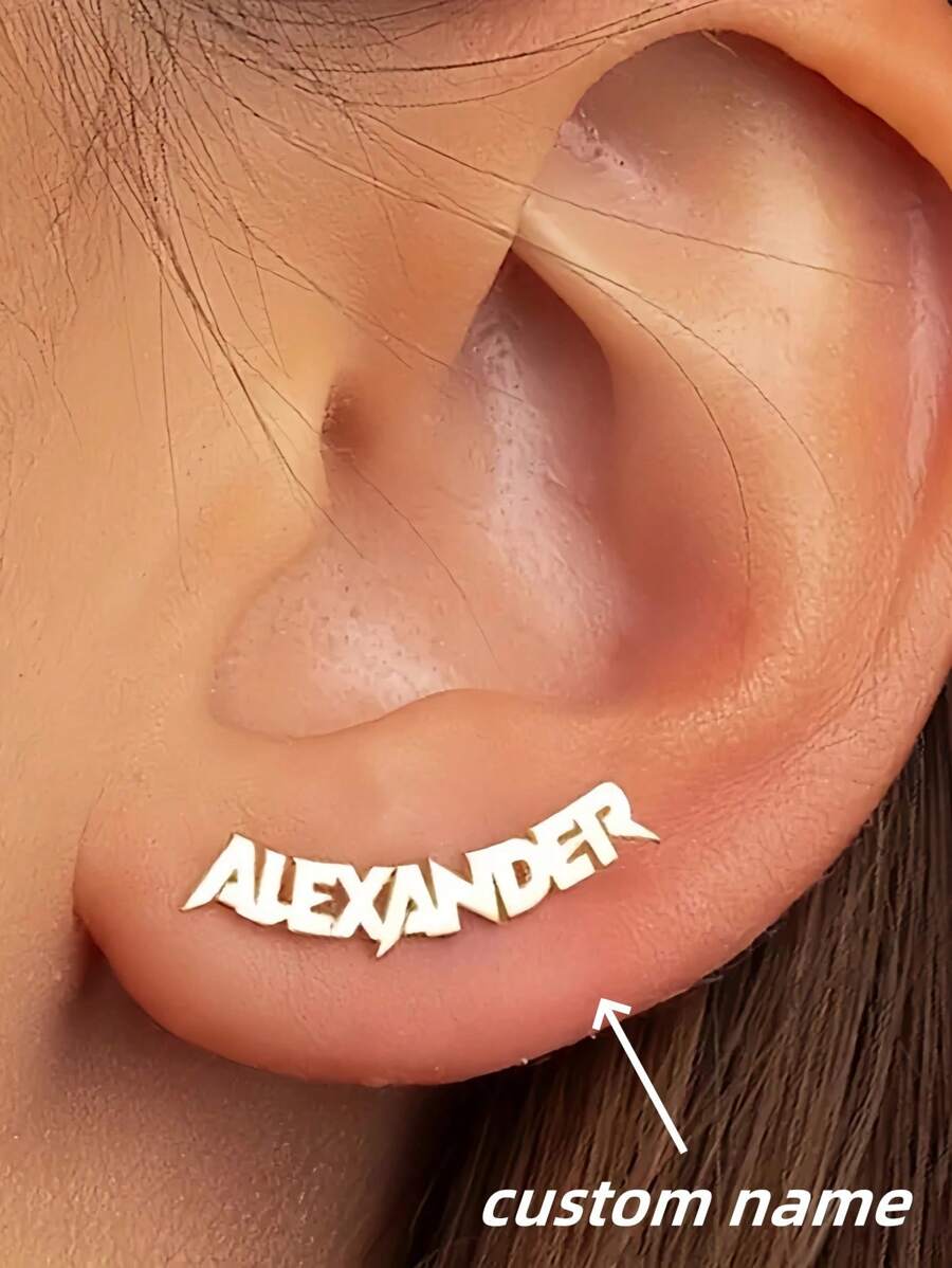 1 件银色定制个性化不锈钢名字耳钉 - Y2K 嘻哈风格，女士定制字母设计 - 完美的生日礼物，银色，时尚，多彩，复古，简约，男女通用，休闲，可爱，定制，个性化，独特，适合他的理想礼物，适合她、男朋友、女朋友、爸爸、妈妈、家人、朋友、周年纪念、生日、毕业典礼、舞会、派对、母亲节礼物 - 彩色 - 查看 1