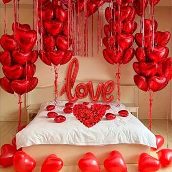 7pcs Balloon & 400pcs Artificial Rose Petals, Red "Love" Letter Balloon Set, I Love You Balloon, 18 Inch Heart Balloon, Red Heart Balloon, Rose Petals, Suitable For Valentine's Day Party, Proposal, Wedding, Anniversary Decoration