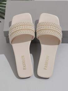 Dép đế bằng hở mũi đính ngọc trai cỡ lớn cho nữ 35-43, màu trắng - Màu be - Xem 1