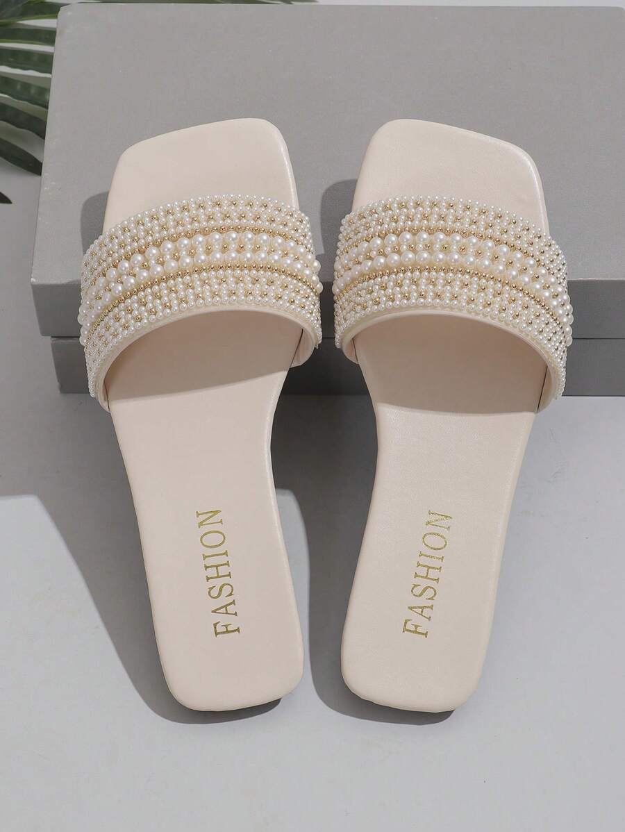Dép đế bằng hở mũi đính ngọc trai cỡ lớn cho nữ 35-43, màu trắng - Màu be - Xem 1
