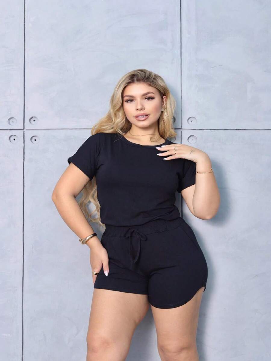 Plain Turn-Up Sleeve Blouse - 黑色 - 查看 1