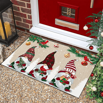 1 bucată "Bază cu model din lemn Trei pitici țin clopotele de Crăciun", preș, covoraș de interior, covor, covor de ușă creativ, covor tematic pentru intrare, decor pentru casă, covoraș anti-alunecare, accesorii pentru dormitor, accesorii foto, decor exterior, covor, zonă Covor, cadou