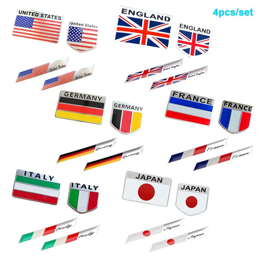 4 Stücke 3D Vereinigte Staaten/Vereinigtes Königreich/Deutschland/Frankreich/Italien/Japan Flagge Aufkleber aus Metall für LKW, Motorrad, Fahrrad, Boot und Fahrzeuge, Fensterdeko im patriotischen Stil (Amerika/Vereinigtes Königreich/Deutschland/Frankreich/Italien/Japan)