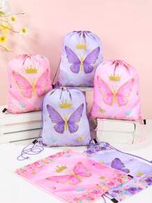 6个紫色蝴蝶图案抽绳袋/背包，带收纳袋（27*34厘米），小型背包，生日派对礼品包装袋，完美的户外背包，最佳嘉年华礼物，蝴蝶主题派对装饰