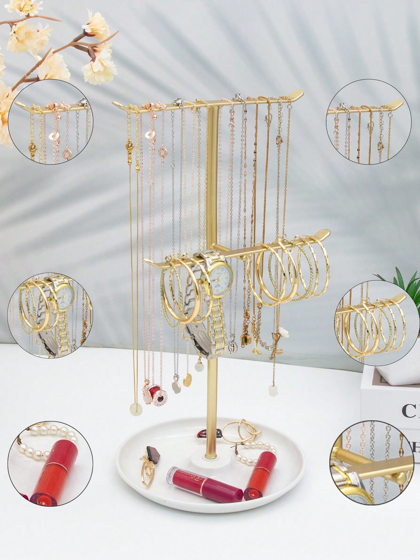 1pc Elegant Jewelry Storage Rack 2-Layer Display Stand, Used For Earrings, Necklaces, Ring Tray, Spacious , Easy To Assemble, White And Gold Sun Travel Cool Back To School